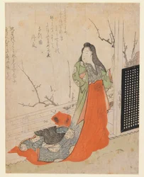 Surimono, Dame auf einer Terrasse